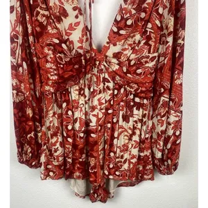 Free People Red Cream Floral V-Neck Long Balloon Sleeve Romper S Rayon thumbnail 4