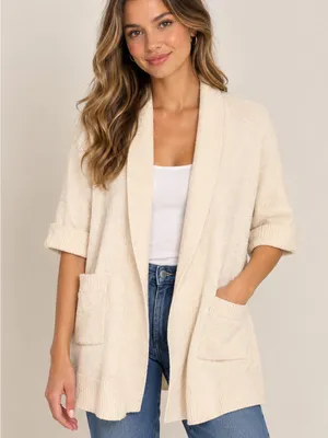 Tahari Ivory Open Front Knit Cardigan Cashmere Shawl Collar Pockets Cozy Classic thumbnail 1