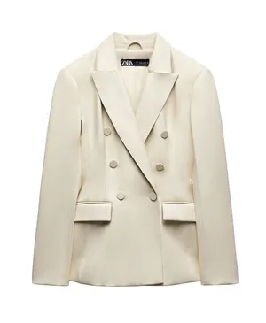 NWT Zara Fall faux leather double-breasted blazer featuring a sharp lapel large thumbnail 1