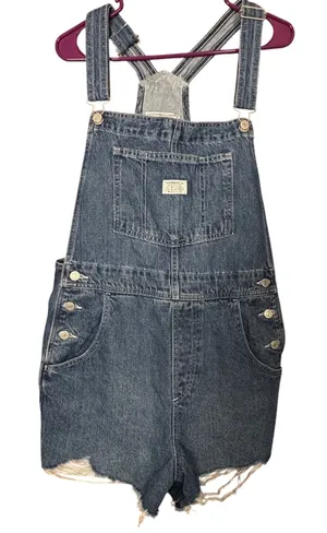 Levis Women's Medium Wash Denim Shortalls Distressed Raw Hem Romper Cut-offs Med thumbnail 1