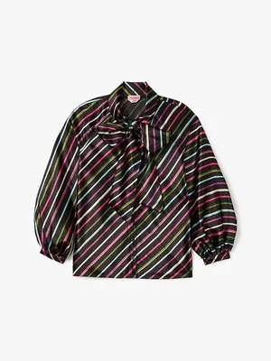 kate spade Black Satin Tie-Neck Blouse with Pink, Green, Blue and White Stripes thumbnail 3