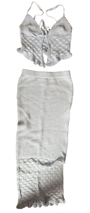 Olive+ Oak Light Blue Pointelle Knit 2 Piece Set Tie Front Crop‎ Top Midi Skirt thumbnail 1