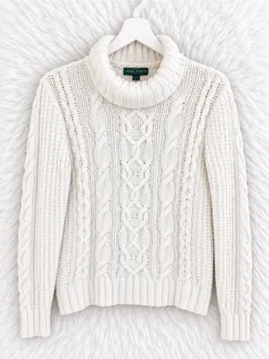 Lauren Ralph Lauren Ivory Cable Knit Turtleneck Sweater| Petite Small thumbnail 1