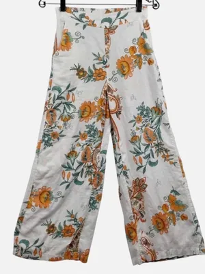 Rachel Zoe Linen Blend Wide Leg Pants Orange Floral Paisley Boho Resort Sm thumbnail 4
