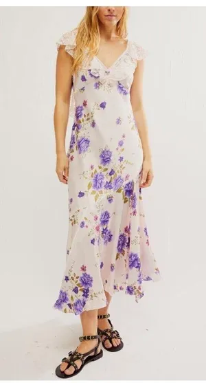 FREE PEOPLE Dress Size Medium Warm Hearts Midi NWT Ivory Combo Lace Floral Boho thumbnail 3