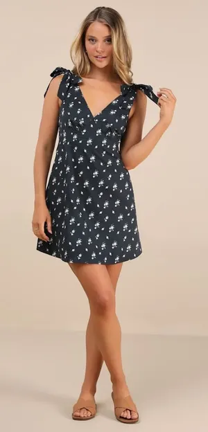 NWT Lulus Gabriella Navy Floral Tie-Strap Mini Dress V-Neck Resort Beachy Size S thumbnail 1