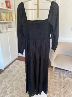 Black Smocked Square Neck Midi Dress Cottagecore Romantic Boho thumbnail 3