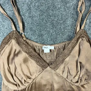 Subdued Brown Satin Lace Trim Handkerchief Hem Camisole Smocked Back Top‎ Small thumbnail 2
