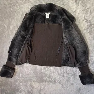Cache Brown Faux Fur Trim Moto Jacket Size S Wool Blend Rib Knit Snakeskin Textu thumbnail 10