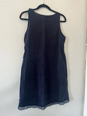 100% Linen Navy Blue Mini Shift Dress Small Lace Hem Euro Summer Coastal thumbnail 6