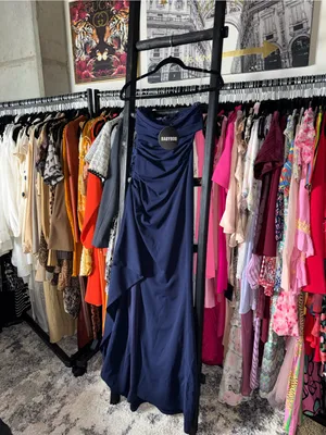 BABYBOO Zafira Navy Strapless Draped High Slit Maxi Dress Womens XS New NWT thumbnail 8