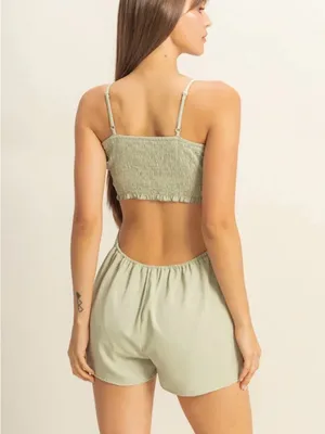 NWOT Sage Green Cutout Romper with Smocked Bust SIZE L thumbnail 2