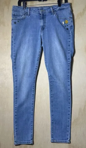 Levis 711 Skinny Embellished‎ Jeans Vintage Soft Blue Wash Star Eyes Zip Fly 31 thumbnail 1