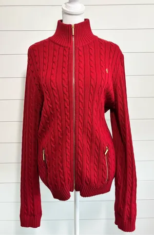 Ralph Lauren Y2K Red Cable-Knit Cotton Zip Cardigan with Gold Accents size L thumbnail 1