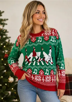 Ugly Christmas Sweater Beatles Abbey Road Graphic Knit Pullover Size Small thumbnail 1