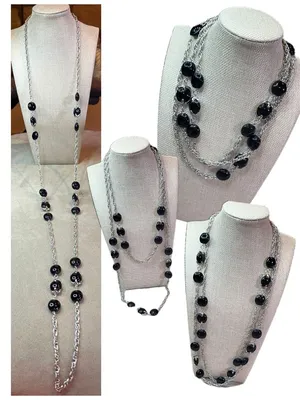 INC International Concepts Vintage Y2K Long Silver Tone Rope Chain Black Cabocho thumbnail 2
