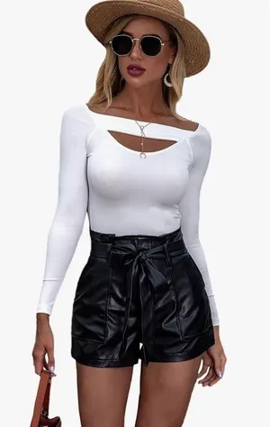 Women's Cut Out Long Sleeve Rib Knit Slim Fit Elegant Crop Tee Top White thumbnail 1