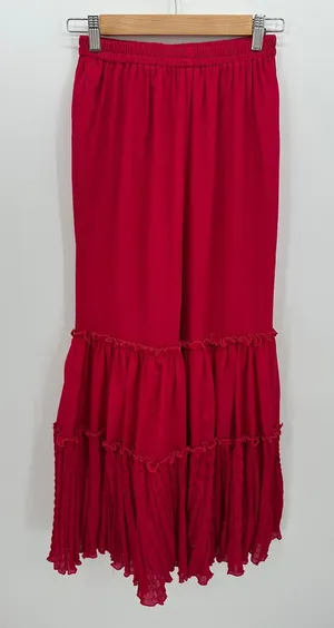Boho Red Pink Wide Leg Ruffle Pants XS Elastic Waist Festival‎ Hippie Flare thumbnail 1