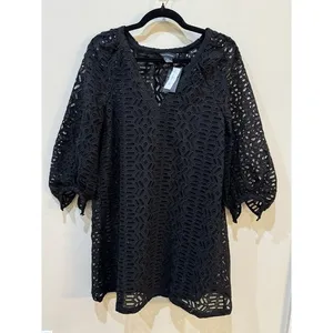 CLUB MONACO women's V Neck Eyelet Short Peasant Dres size Small Black NWT $249 thumbnail 7