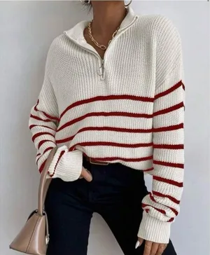 💥St. John's Bay Ivory and Red Stripes Crew Neck Long Sleeve Sweater S thumbnail 1