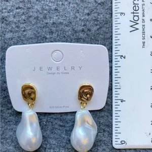 Irregular Pearl Drop Earrings with‎ Gold Stud | 925 Silver Post | Baroque Style thumbnail 2