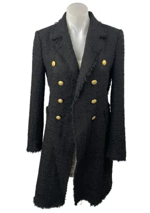 Zara Womens Black Tweed Fringe Double Breasted Military Trench Overcoat Jacket S thumbnail 1