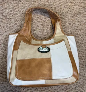 VTG Nine West Patchwork Hobo Shoulder Bag Tan Cream White Faux Leather Neutral thumbnail 1