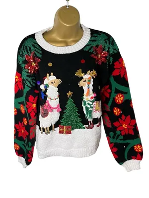 Holiday Time Llama Ugly Christmas Sweater 3D Embellished Crewneck Black S thumbnail 2