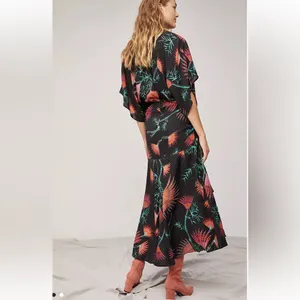 Farm Rio Anthropologie Valentina Black Maxi Orange Tropical Floral Print Sz S thumbnail 2