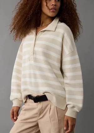 American Eagle Striped Half-Button Pullover Sweater in Beige and White thumbnail 1