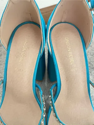 ASOS London Rebel Wide Fit Aqua Rhinestone Satin Platform Heels Size US 9 UK 7 thumbnail 2