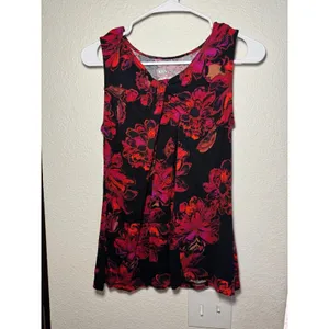 Merona Womens Red Pink Floral Sleeveless Pleated Knit Tank Top Size M thumbnail 2