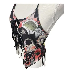 Romwe Black Multicolor Moon Floral Print Halter Top Size L Lace Up Open Back thumbnail 5