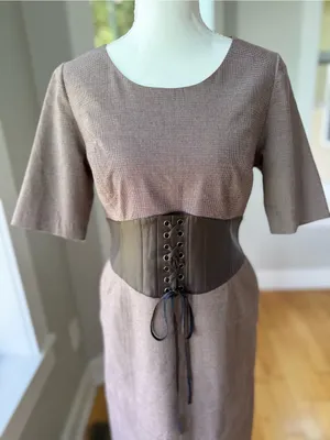 Vintage Brown Houndstooth Pattern Boatneck Corset Waist Midi Dress Fits Sz 6-8 thumbnail 2