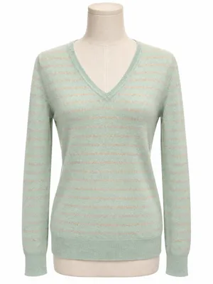 Lord & Taylor 100% Cashmere Striped V-Neck Sweater Mint Size Medium thumbnail 1