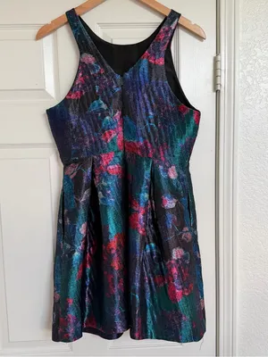 Anthropologie Hutch Watercolor Metallic Floral Textured A-Line Cocktail Dress 6 thumbnail 7
