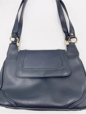 American Vintage Vintage Navy Blue Faux Leather Shoulder Bag Purse Double Handles Minimalist 90s thumbnail 3