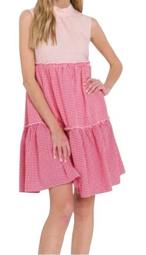 English Factory -Pink Gingham Tiered Babydoll Dress Size M thumbnail 1
