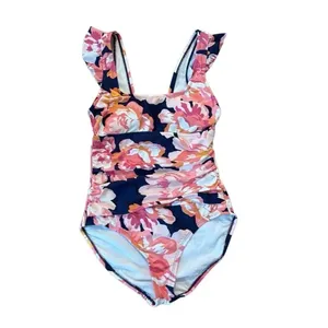 Kona Sol ruched tummy control ruffle sleeve floral one piece swimwear small 4/6 thumbnail 2