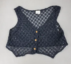 Awesome Wear Crochet Vest Womens M Black VTG Y2K 90s Boho Cropped Open Knit USA thumbnail 1