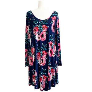 Dearcase Dress Blue Pink Floral Jersey Long Sleeve V-Neck Swing Dress Large NEW thumbnail 13
