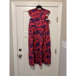 SHEIN Ruffle Tiered Sleeveless Pink Blue Floral Dress Women's Size Large Midi thumbnail 5