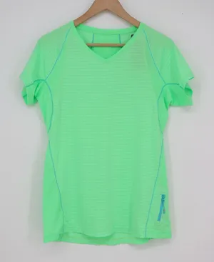 Kirkland Signature Womens Neon Green Striped Active Tee V-Neck Shirt Small thumbnail 1