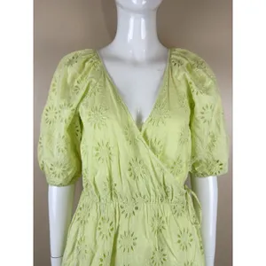 Zara Women’s XS Lime Green Eyelet Mini Wrap Dress Puff Sleeve Lined Cotton thumbnail 2