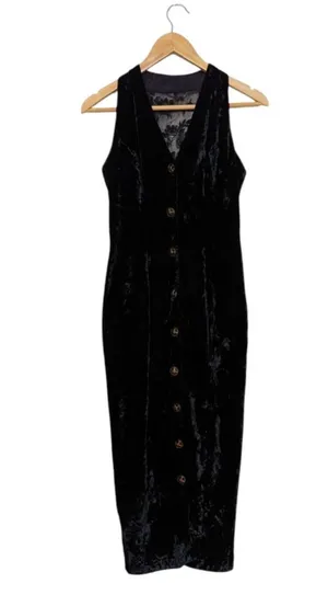 Vintage Y2K Black Velvet Lace Button Down Midi Dress Sleeveless Layering Goth XS thumbnail 1