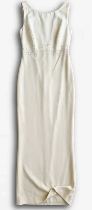 FLAWED‎ Ivory Rhinestone Empire Waist Maxi Gown Dress Size 7/8 Creamy Sleeveless thumbnail 1
