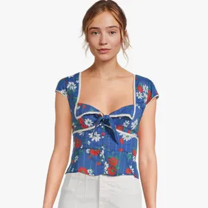 NEW Free People Call Me Baby Cap Sleeve Button-Up Shirt L BLUE QUARTZ - DAISY thumbnail 2
