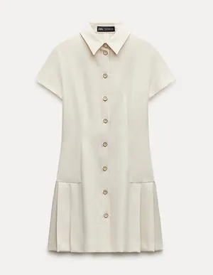 Zara mini dress pleated skirt collar button up ivory casual classic old money thumbnail 18