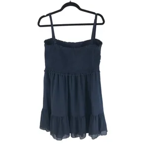 Quince Womens Chiffon Smocked Sleeveless Mini Dress Navy Blue XL thumbnail 4