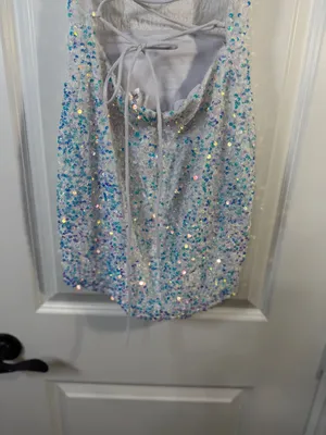 Lucy in the Sky White Iridescent Sequin Cowl Neck Lace Up Mini Dress Size S thumbnail 6